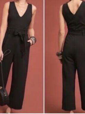 Anthropologie Black V-Neck Sleeveless Tie-Waist Jumpsuit